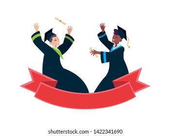 happy students boys graduated celebrating with ribbon