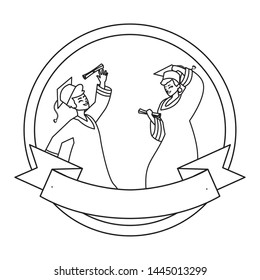 happy students boys graduated celebrating in circular frame