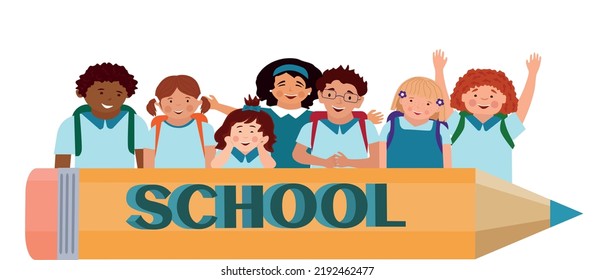 Estudiantes felices con maletas. De vuelta a la escuela.  El concepto de educación, la metáfora del lápiz. Ilustración vectorial.