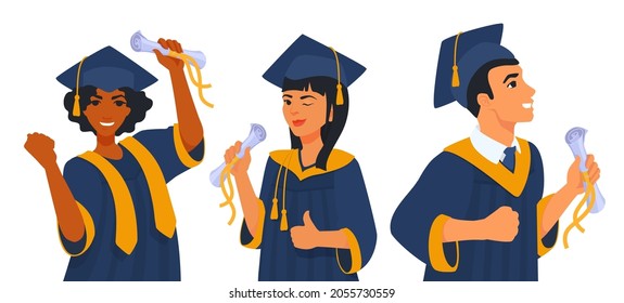 Happy Students Celebrating Graduation, Diploma. People Graduated. Graduate Celebration Ceremony. A Student Holds A Paper Scroll. A Vector Cartoon Illustration.