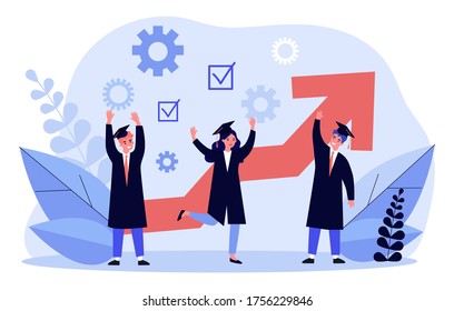 Happy students celebrating graduation. Graduate hat and gown, growth chart, party flat vector illustration. School, college, ceremony concept for banner, website design or landing web page