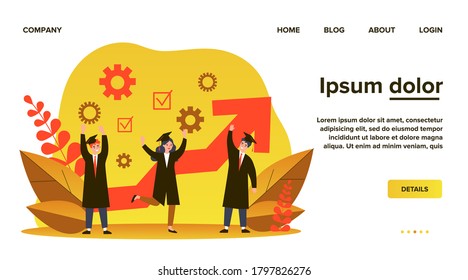 Happy students celebrating graduation. Graduate hat and gown, growth chart, party flat vector illustration. School, college, ceremony concept for banner, website design or landing web page