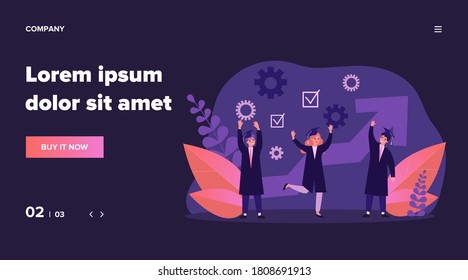 Happy students celebrating graduation. Graduate hat and gown, growth chart, party flat vector illustration. School, college, ceremony concept for banner, website design or landing web page
