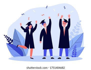 Happy students celebrating graduation from university. College, bachelor, diploma flat vector illustration. Education and learning concept for banner, website design or landing web page