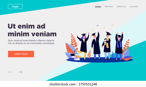 Happy students celebrating graduation from university. College, bachelor, diploma flat vector illustration. Education and learning concept for banner, website design or landing web page