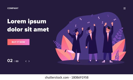 Happy students celebrating graduation from university. College, bachelor, diploma flat vector illustration. Education and learning concept for banner, website design or landing web page