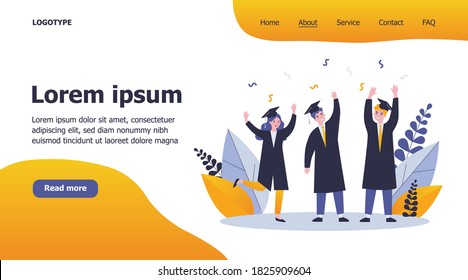 Happy students celebrating graduation from university. College, bachelor, diploma flat vector illustration. Education and learning concept for banner, website design or landing web page