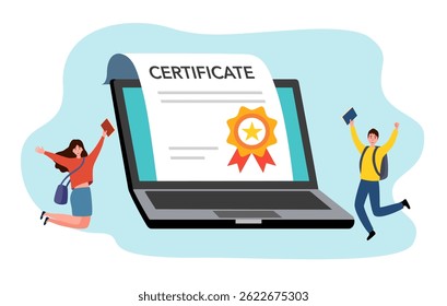 Happy students and certificate document with wafer seal and ribbon. Concept of online professional certificate program, graduate diploma.