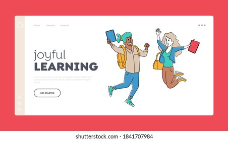 Happy Students Characters Jumping Landing Page Template. Schoolboy and Schoolgirl with Backpacks Waving Hands Greeting New Educational Year. Back to School. Linear People Vector Illustration