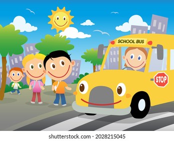 Los estudiantes felices van a coger el autobús escolar. Día soleado en la escena de la ciudad. Ilustración de dibujos animados
