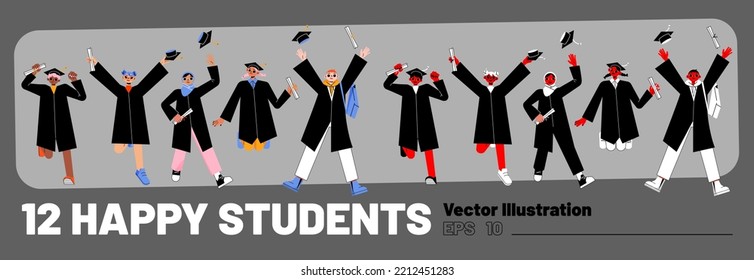 Happy students, college or university graduates jump and throw up diploma scrolls and graduation caps in air. Diverse young people in academic gowns, vector flat colored and black, white and red set