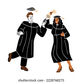 Happy students concept. Positive boy and girl teenagers in black robes and hats receive diploma and graduate from university. Joyful graduates complete education. Cartoon flat vector illustration