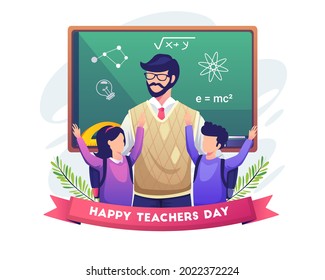 Happy students congratulate their teacher on teacher's day. Flat vector illustration