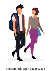 Happy students couple  flat vector illustration. Teenage schoolboy and schoolgirl holding hands characters. Boyfriend and girlfriend going home after lessons. Schoolchildren, teens dating