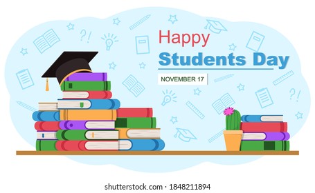 Happy Students Day banner. Stack of books and square academic cap. Vector illustration with academic and school knowledge symbols. Set of flat books variations with shadow and potted plant cactus.