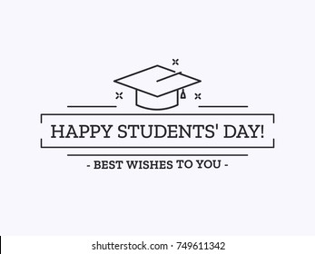 Happy Students Day. Vector Outline Illustration With Graduation Cap For Card Design. November 17. 