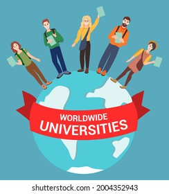 Happy students from different countries hold diplomas, stand on the globe, the inscription on the red ribbon - Worldwide Universties. Vector modern illustration on the topic of education abroad.