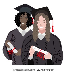Happy students with diplomas wearing academic gown and graduation cap. College graduates with education certificates. Graduate diversity. Vector illustration