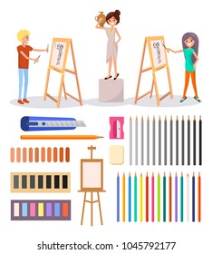 Happy students drawing girl posing with vase between them and collection of art supplies icons below isolated vector illustration on white