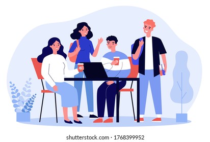 Happy students drinking takeaway coffee. Group of young people using laptop together flat vector illustration. Friendship, communication concept for banner, website design or landing web page