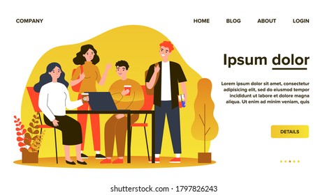 Happy students drinking takeaway coffee. Group of young people using laptop together flat vector illustration. Friendship, communication concept for banner, website design or landing web page