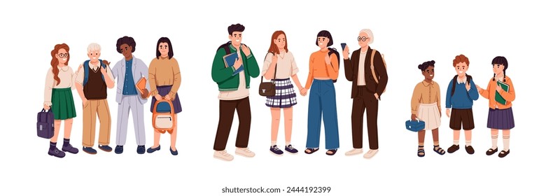 Happy students of elementary, middle and high school set. Groups of classmates, friends of different stages, grades, ages. Children with backpacks stand. Flat isolated vector illustration on white