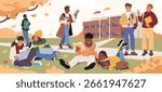 Happy students enjoying start of studying process preparing homework at university campus in autumn vector illustration. Teenage classmates chatting, learning, resting outdoors cartoon scene