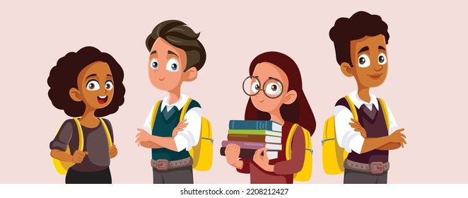 
Happy Students Going Back to School Vector Cartoon Illustration. Team of happy teenagers going back to school
