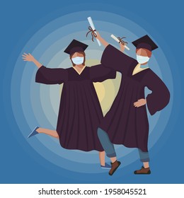 Happy students graduates dance and hold diplomas in their hands against the background of the sun as a symbol of a bright future. Stock vector illustration in flat style .