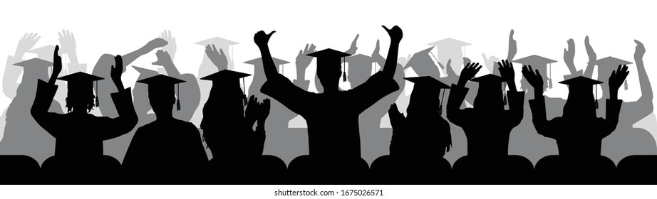 Happy students graduates joy, clapping palms of hands, silhouettes. Vector illustration.