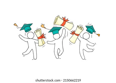Happy students graduates on ceremony for university or college degree diploma. Success high school education concept. Vector hand drawn people throw graduation caps and certificate scrolls in air