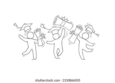 Happy students graduates on ceremony for university or college degree diploma. Success high school education concept. Vector hand drawn people throw graduation caps and certificate scrolls in air