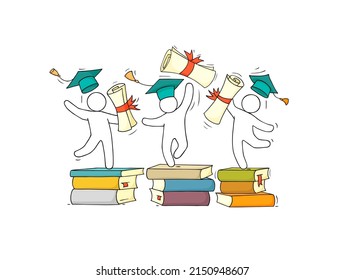 Happy students graduates on ceremony for university or college degree diploma. Success high school education concept. Vector hand drawn people throw graduation caps and certificate scrolls in air stan