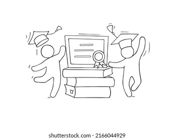 Happy students graduates on ceremony for university or college degree diploma. Success high school education concept. Vector hand drawn people with graduation caps, certificate and books stack