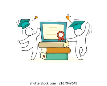 Happy students graduates on ceremony for university or college degree diploma. Success high school education concept. Vector hand drawn people with graduation caps, certificate and books stack