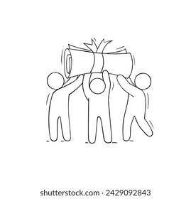 Happy students graduates on ceremony for university or college degree diploma. Success high school education concept. Vector hand drawn people together and certificate scrolls in air
