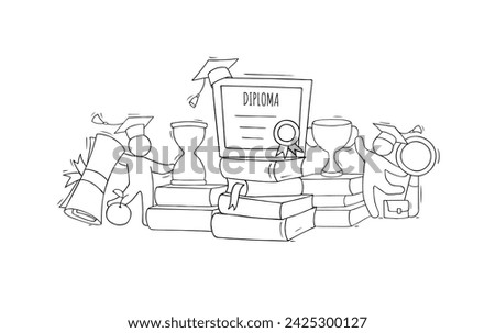 Happy students graduates on ceremony for university or college degree diploma. Success high school education concept. Vector hand drawn people with graduation caps, certificate and books stack