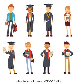 Happy students and graduates young learning people vector characters