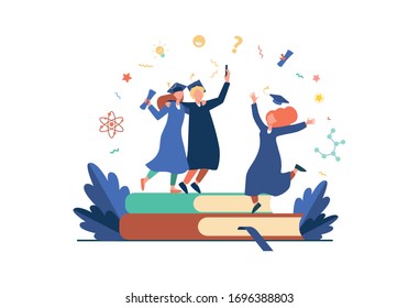 Happy students graduating with academic diploma flat vector illustration. Cartoon girls and guy celebrating graduation from university or college. Education and learning concept