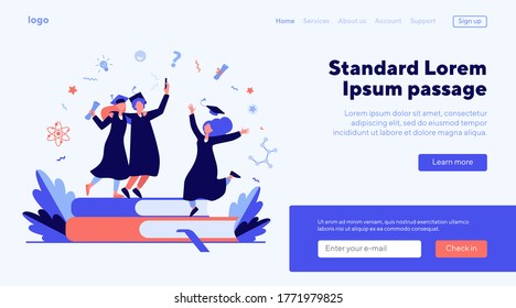 Happy students graduating with academic diploma flat vector illustration. Cartoon girls and guy celebrating graduation from university or college. Education and learning concept