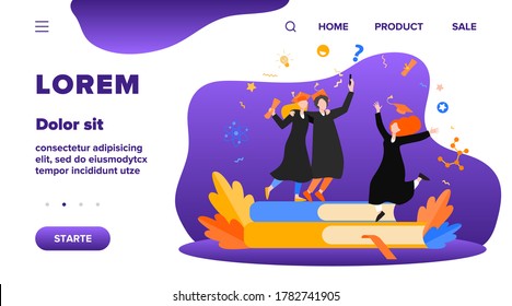 Happy students graduating with academic diploma flat vector illustration. Cartoon girls and guy celebrating graduation from university or college. Education and learning concept
