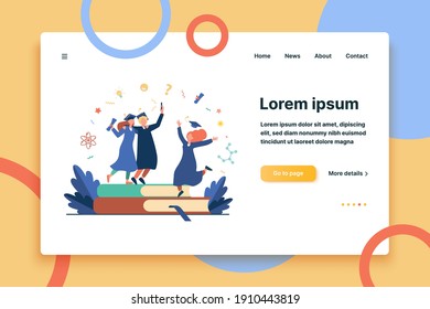 Happy students graduating with academic diploma, flat vector illustration. Cartoon girls and guy celebrating graduation from university or college. Education and learning concept
