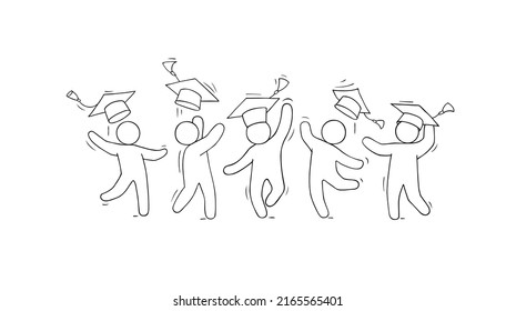 Happy students with graduation caps. Concept of education, academic degree, celebration ceremony in university, high school or college. Vector doodle illustration of graduates with mortarboard