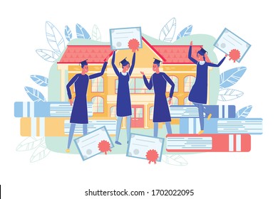 Happy Students Graduation and End of Education. University or Campus Building with Columns. Huge Books Stack Vector Design. Graduates in Gowns and Hats Holding Diploma Rejoice Illustration