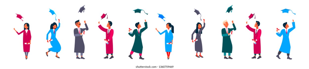 happy students group throwing their hats in air people in bachelor gowns celebrating education graduation concept male female characters full length horizontal banner flat