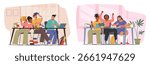 Happy students help each other in studying process sitting at table in classroom or library cartoon set. Classmates enjoying education time together showing commitment to teamwork vector illustration