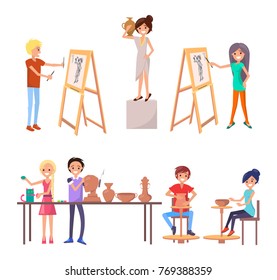 Happy students improving their skills during class at art school isolated vector illustration on white. Boys and girl fulfilling their potential as artists