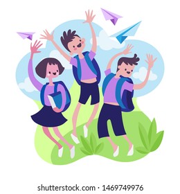 Happy students  jump and laugh. Concept of happiness, gladness and fun. Vector illustration for invitation site poster banner.