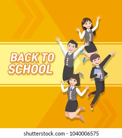 Happy students jumping. girl and boy. asian students wearing school uniform.