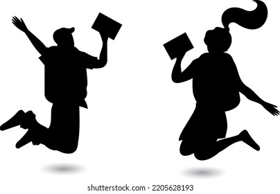 Happy Students Jumping isolated vector Silhouettes